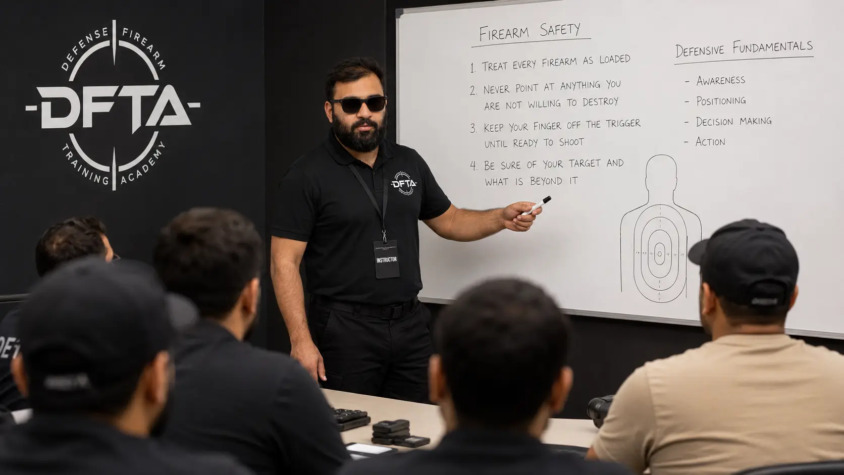 DFTA instructor teaching firearm safety fundamentals in the classroom